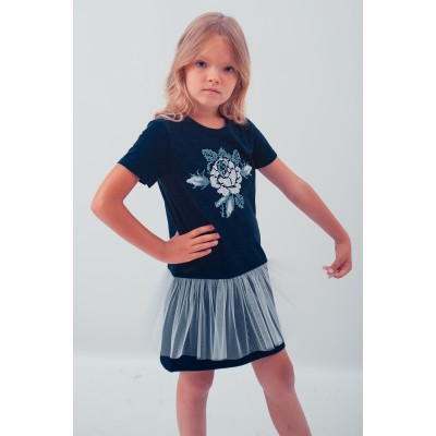 Embroidered dress for girl "Smile of Rose" mesh Navy